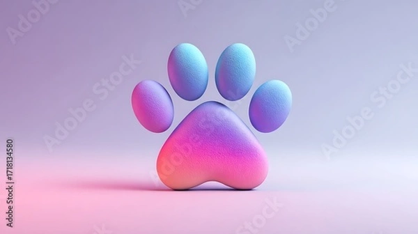 Fototapeta 3D Render: Colorful Gradient Paw Print, Cute Pet Symbol, Pink Purple Background