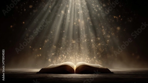 Fototapeta Open Antique Book with Magical Golden Light Rays and Dust Particles on Wooden Table, Spiritual Atmosphere, 3D Render