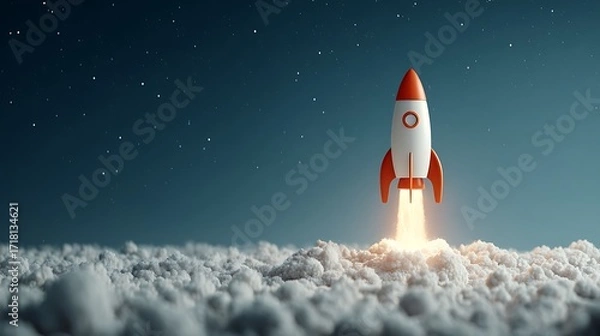 Fototapeta Futuristic Rocket Launching Through Clouds, 3D Render, Space Startup Concept