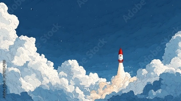 Fototapeta Red Rocket Launching Through Clouds, Futuristic Style Illustration