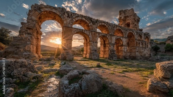 Obraz Ancient stone arches, sunset rays, ruins