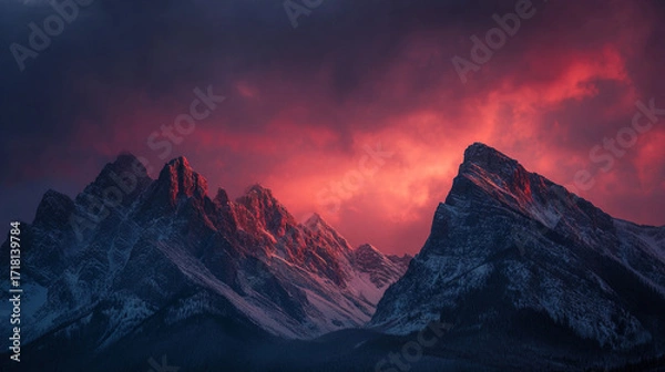 Fototapeta Dramatic mountain peaks under a vibrant red and purple sky at dusk with snow capped ridges visible