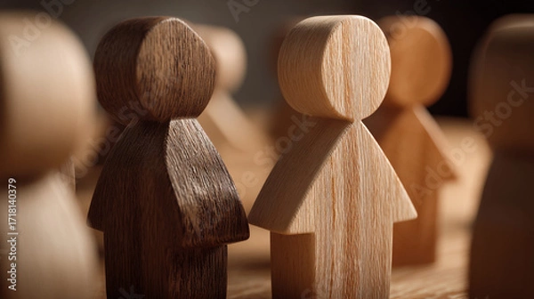 Fototapeta Wooden figures standing together in a group with different shades of wood and a dark background
