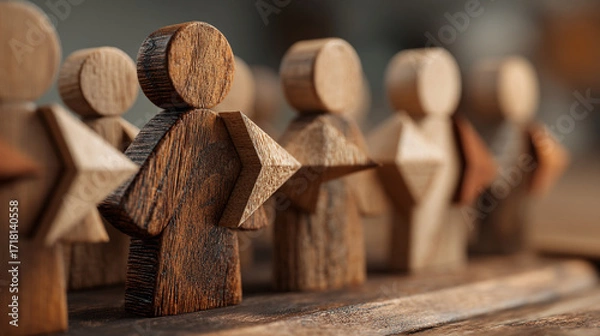 Fototapeta A row of wooden figures with star shaped arms standing on a wooden surface in a blurred background