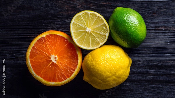 Fototapeta Close up of citrus fruits including orange lemon and lime on a dark wooden surface texture