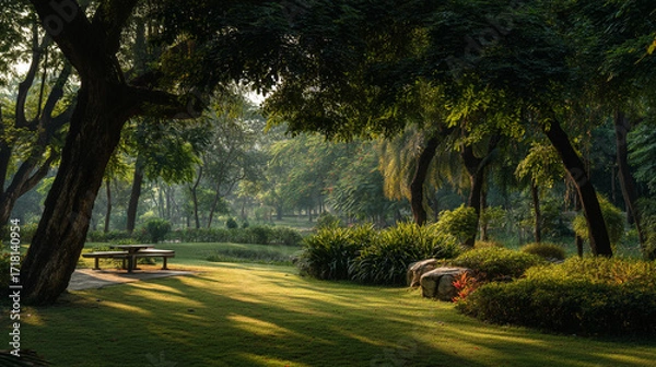 Fototapeta A tranquil park scene with lush greenery trees and a picnic table bathed in soft sunlight glow morning