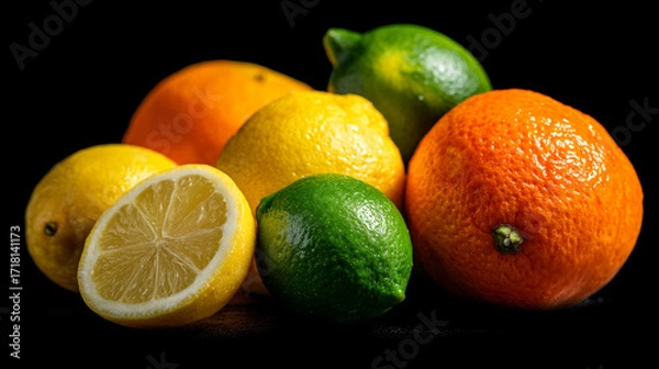 Fototapeta A vibrant still life of citrus fruits including oranges lemons and limes on a dark background surface