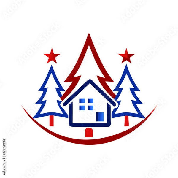 Fototapeta Christmas village icon with house and pine trees in red and blue  
