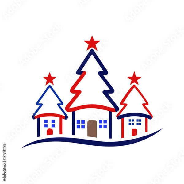 Fototapeta Three stylized houses icon with Christmas trees and stars in red and blue  