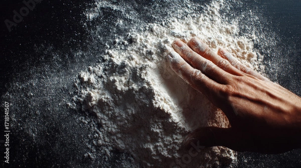 Fototapeta A hand touching a pile of white flour on a dark surface in a dimly lit or shadowed environment