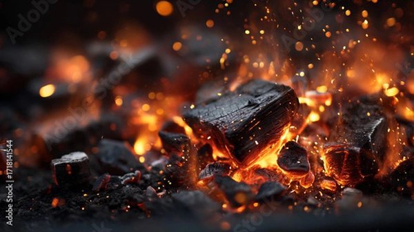 Fototapeta Close up view of burning charcoal with bright orange flames and flying sparks in the dark background