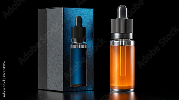 Fototapeta Product shot of two dropper bottles one in a box and one out against a black background