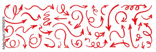 Fototapeta Arrow crayon. Red line arrows. Hand drawn pencil mark. Check brush chalk or pen emphasis. Underline red color stroke set. Marker crayon doodle set. Sketch handwritten element. Highlight vector sign bg