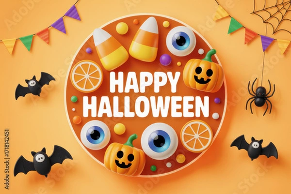 Fototapeta Playful vector background with Happy Halloween circle, candy corn, and pumpkins