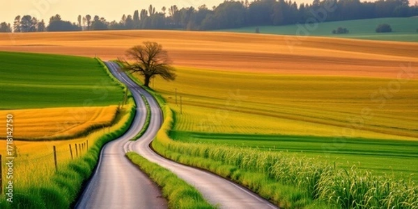 Fototapeta Winding country road through vibrant green and golden fields at sunset with a lone tree