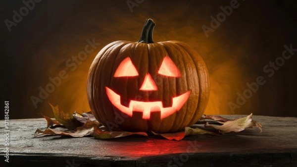 Fototapeta Carved jack-o’-lantern pumpkin glowing on dark textured table with rim light