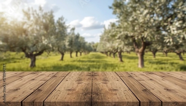 Fototapeta An empty old wooden table in a sunny summer garden with a blue sky