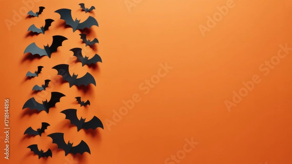 Fototapeta Creepy Halloween bats silhouette on textured orange background with text space