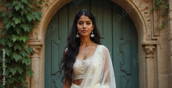Fototapeta Ai generated image of a beautiful indian bride in a shimmering white saree stands gracefully in a sunlit garden