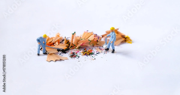 Fototapeta A pencil shavings with worker model on white.