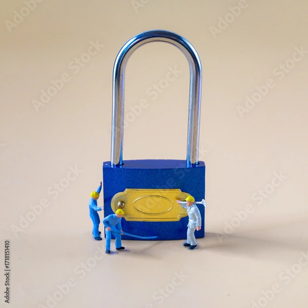 Fototapeta Locked Blue Padlock with worker model on the color background.