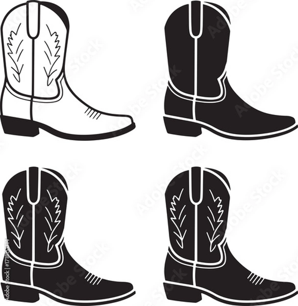 Obraz Assorted Cowboy Boot Outlines on Transparent Backdrop for Western Themed Projects