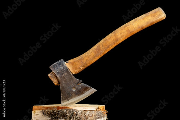 Obraz Antique axe with wooden handle on black background