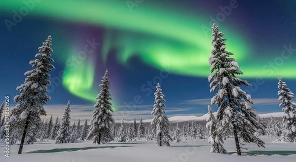 Fototapeta Majestic Aurora Borealis Dances Above Snow-Covered Pine Forest Under Starry Night Sky