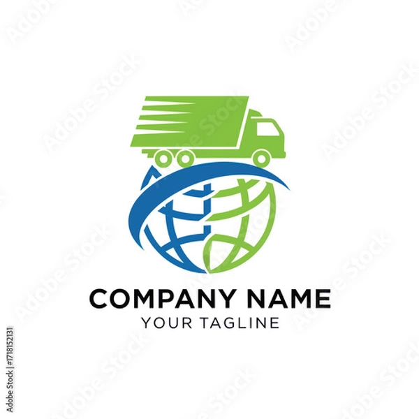 Fototapeta Global Logistics and Shipping Company Logo with Dynamic Truck and Earth Symbol on White Background, Flat Vector Elements, Vector Illustration, Simple Vector, Stylized Vector Drawing, Vector Template,