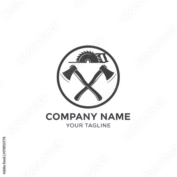 Fototapeta Monochrome Woodworking and Carpentry Logo Design Featuring Crossed Axes, Circular Saw, and Hand Saw in a Circular Frame, with Customizable Company Name and Tagline on White Background, Flat Vector
