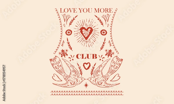 Fototapeta Jacket back print design. Dove bird print design. Valentine heart graphic print design. Heart line drawing. Love day artwork.	