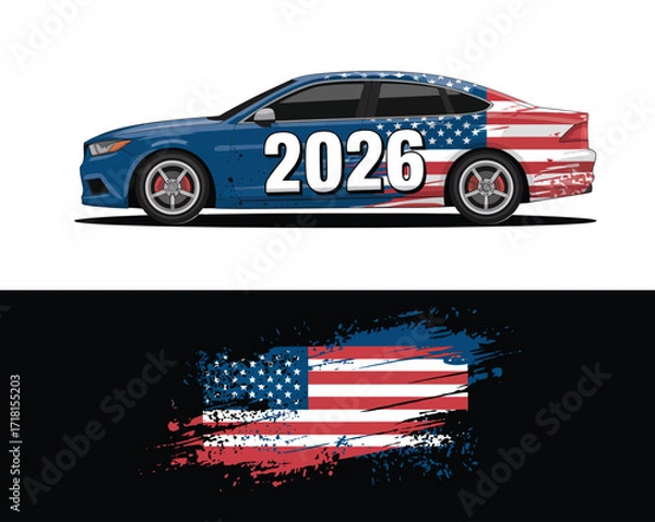 Obraz Professional car wrap mockup design featuring a patriotic American flag concept. Vector illustration for vehicle branding with the year 2026