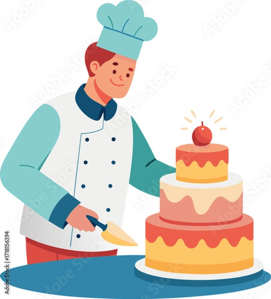 Fototapeta Chef preparing a three tier cake with frosting and fruit topping