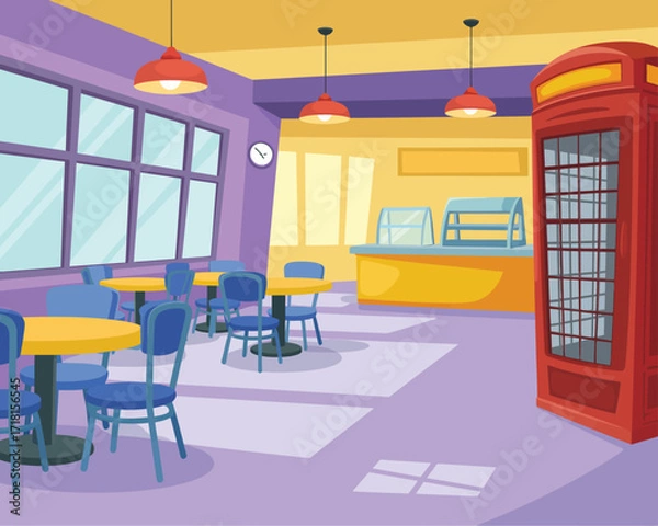 Obraz Digital illustration of a vibrant cafe interior, featuring tables, chairs, and a telephone booth, with a welcoming atmosphere