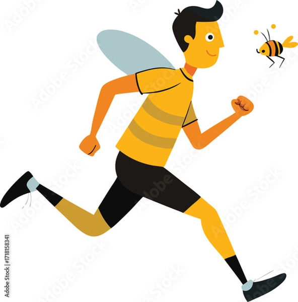 Fototapeta Man Dressed as a Bee Running Away from a Real Bee Illustration