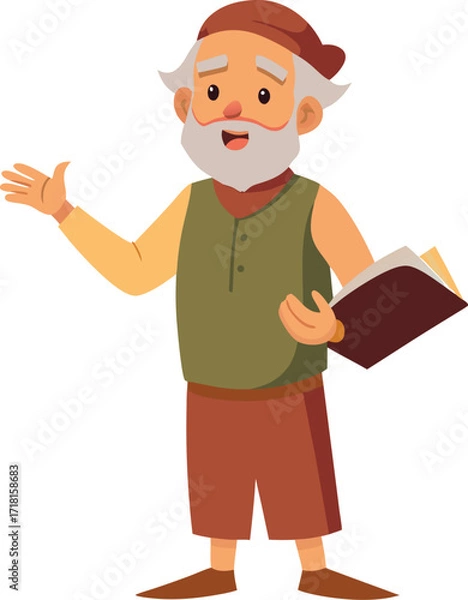 Fototapeta Cartoon Elderly Man with Book Explaining or Presenting Information with Hand Gesture