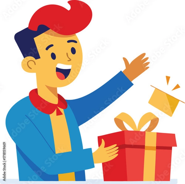 Fototapeta Excited man opening a gift box with a joyful expression vector