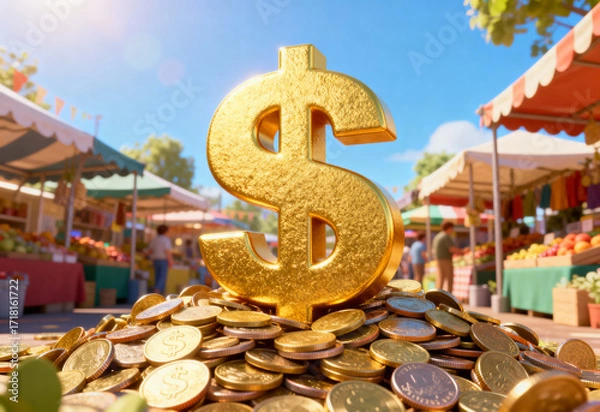 Fototapeta Investing in gold coins at a vibrant marketplace business environment daylight viewpoint wealth concept