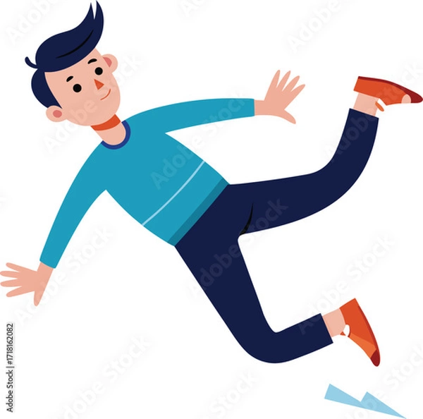 Fototapeta Cartoon man slipping on a banana peel and falling down unexpectedly