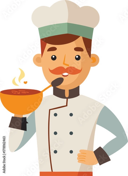 Fototapeta Cartoon Chef with Mustache Tasting Soup from a Bowl with a Spoon