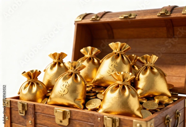 Fototapeta Treasure chest overflowing with gold coins and bags wealth concept studio setting unique perspective