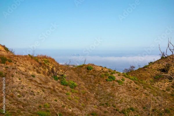 Fototapeta A high-angle panoramic view shows the Los Angeles urban landscape and a distant downtown skyline partially hidden by a thick marine layer of fog, as seen from a dry hiking trail in the Pacific Palisad
