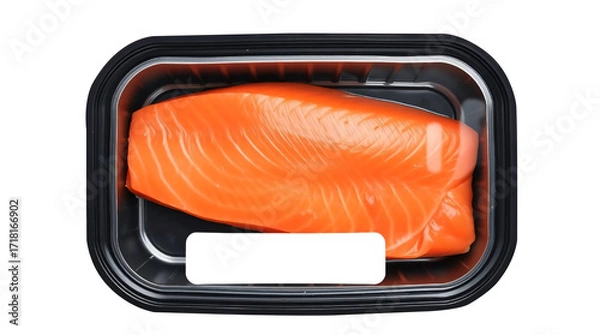 Fototapeta Black plastic tray with salmon and blank label mockup packaging isolated on transparent background