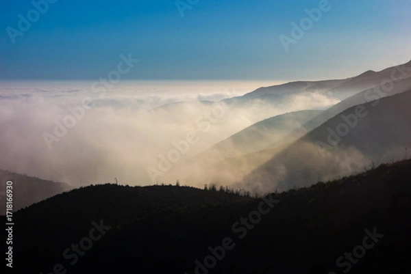 Fototapeta A wide-angle, high-angle view captures the scenic Pacific Palisades coastline from a dry hillside trail, with a low-lying marine layer of fog rolling over the Pacific Ocean below a clear blue sky in S