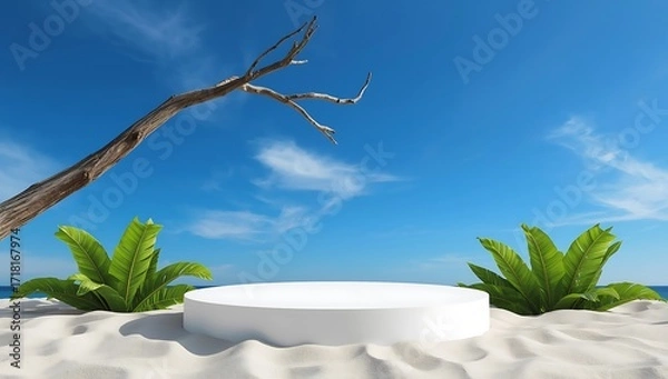 Fototapeta  3d white podium on the beach with green leaves and a tree