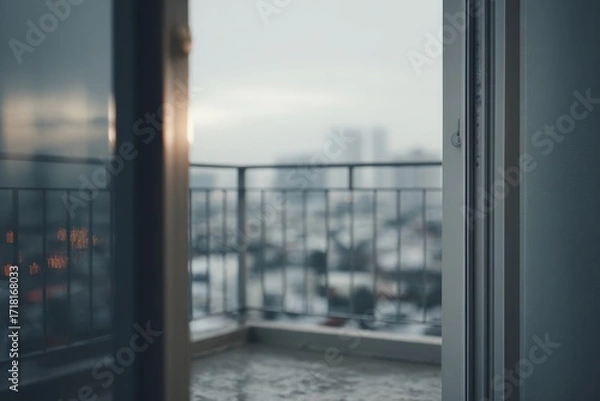 Obraz Moody view of a blurry cityscape from an open balcony door with city light reflections.
