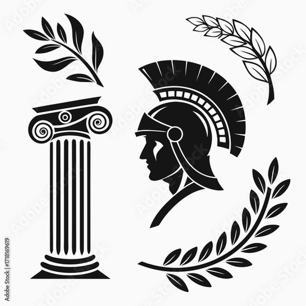 Fototapeta Ancient Greek column, warrior helmet and laurel branches