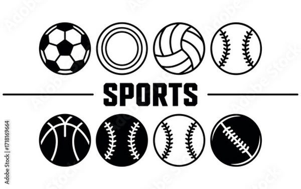 Fototapeta Variety of Sport Balls minimalist illustration of different sport balls, including soccer ball, volleyball, basketball, softball and baseball perfect to highlight any project about sport.