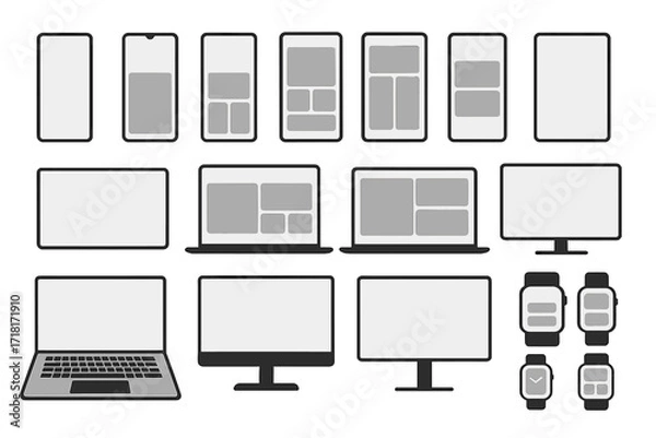 Fototapeta Device screen mockups set including smartphones, laptops, monitors, and smartwatches on gradient background