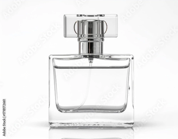 Fototapeta Isolated glass perfume bottle with intricate stopper on white background, crystal clarity